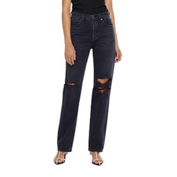 Agolde Denim - AGOLDE Size 27 Lana Mid-Rise Vintage Straight Button-Fly Black Jeans Full-Length